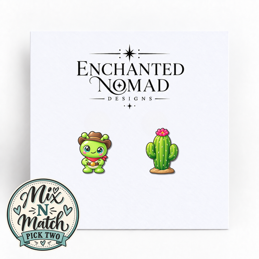 Cowboy Alien and Cactus graphic earrings