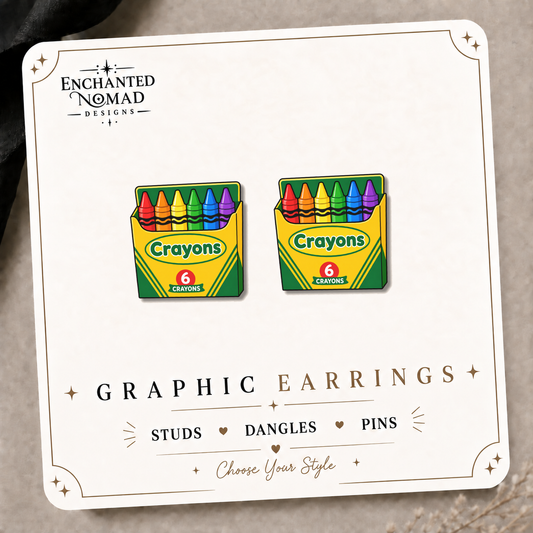 Crayon Box Stud Earrings on the tilted Enchanted Nomad Designs card