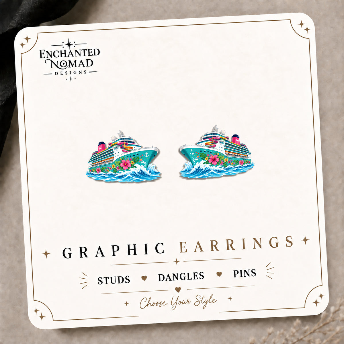 Cruise Ship Stud Earrings on the tilted Enchanted Nomad Designs card