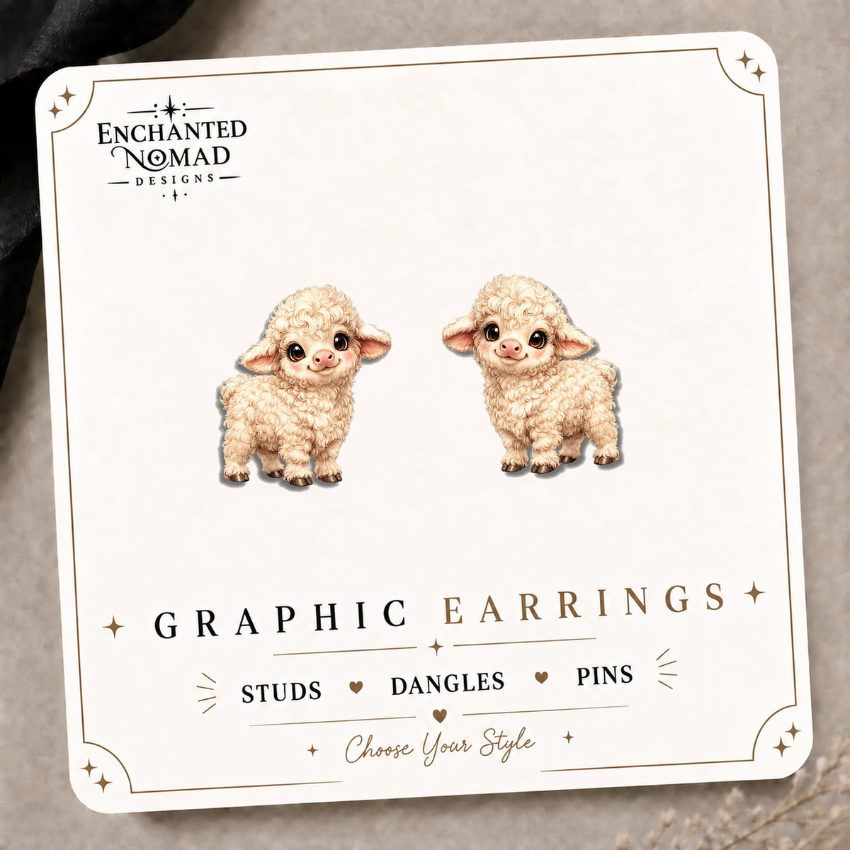 Cute Farm Lamb Stud Earrings on the tilted Enchanted Nomad Designs card