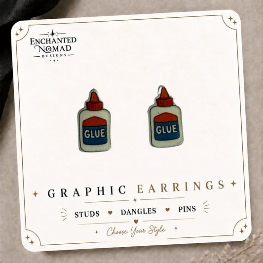 Cute Glue Bottle Stud Earrings on the tilted Enchanted Nomad Designs card