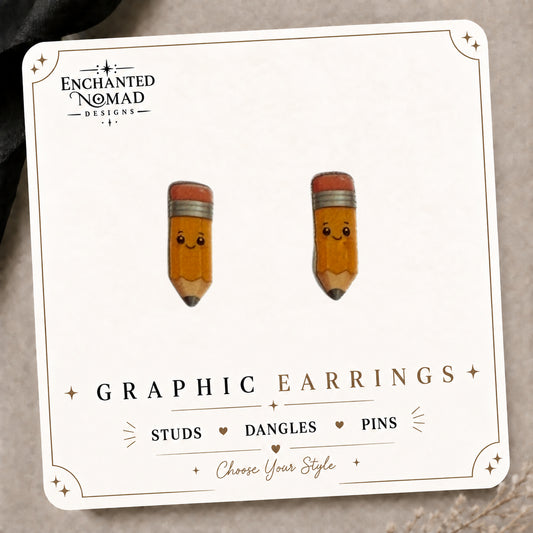 Cute Pencil Stud Earrings on the tilted Enchanted Nomad Designs card