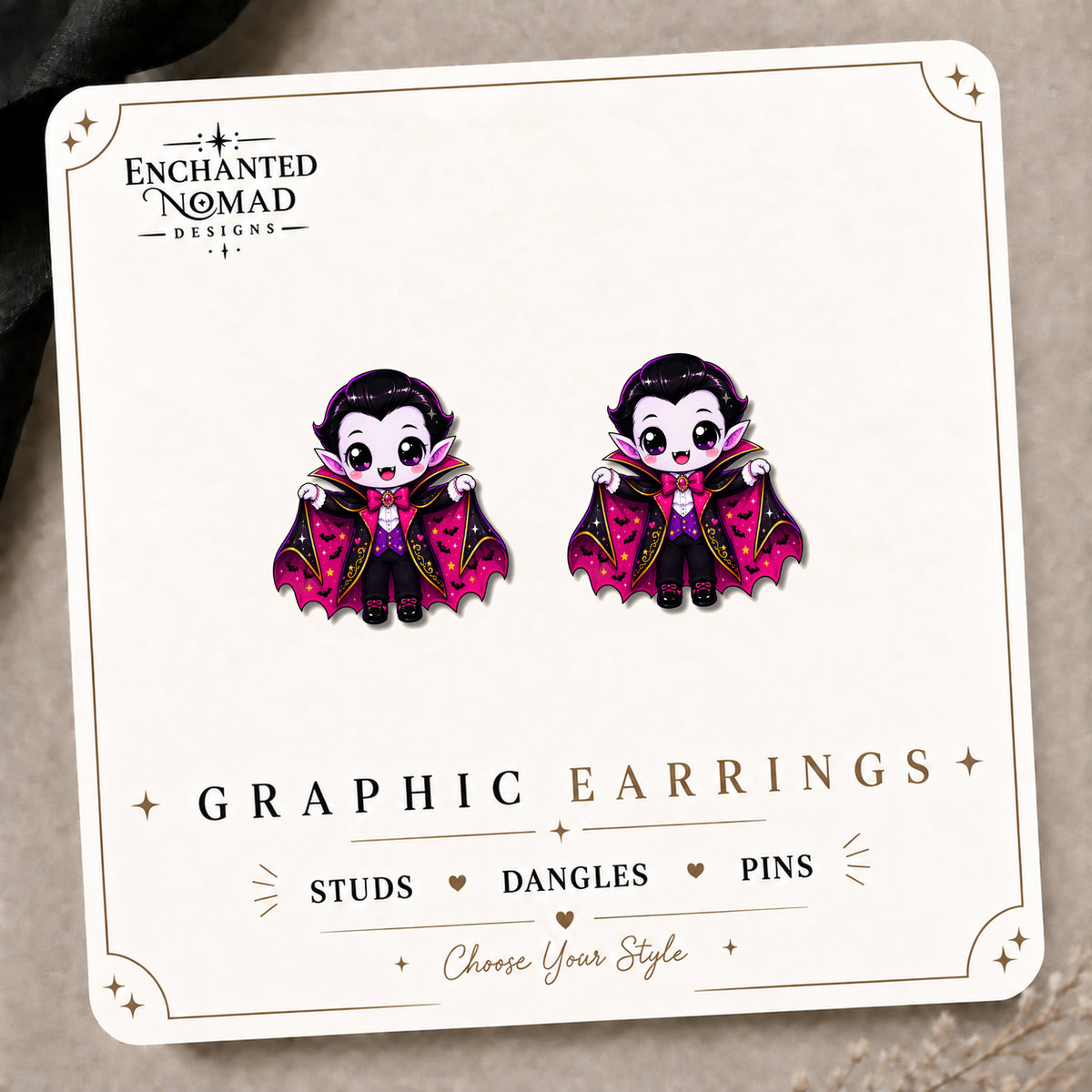 Cute Vampire Stud Earrings on the tilted Enchanted Nomad Designs card