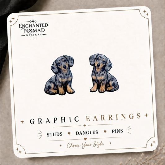 Dapple Dachshund Stud Earrings on the tilted Enchanted Nomad Designs card