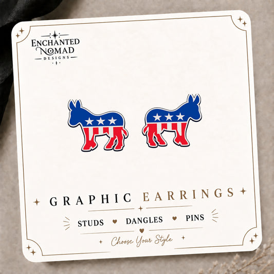 Democrat Donkey Earrings & Pins on the tilted Enchanted Nomad Designs card