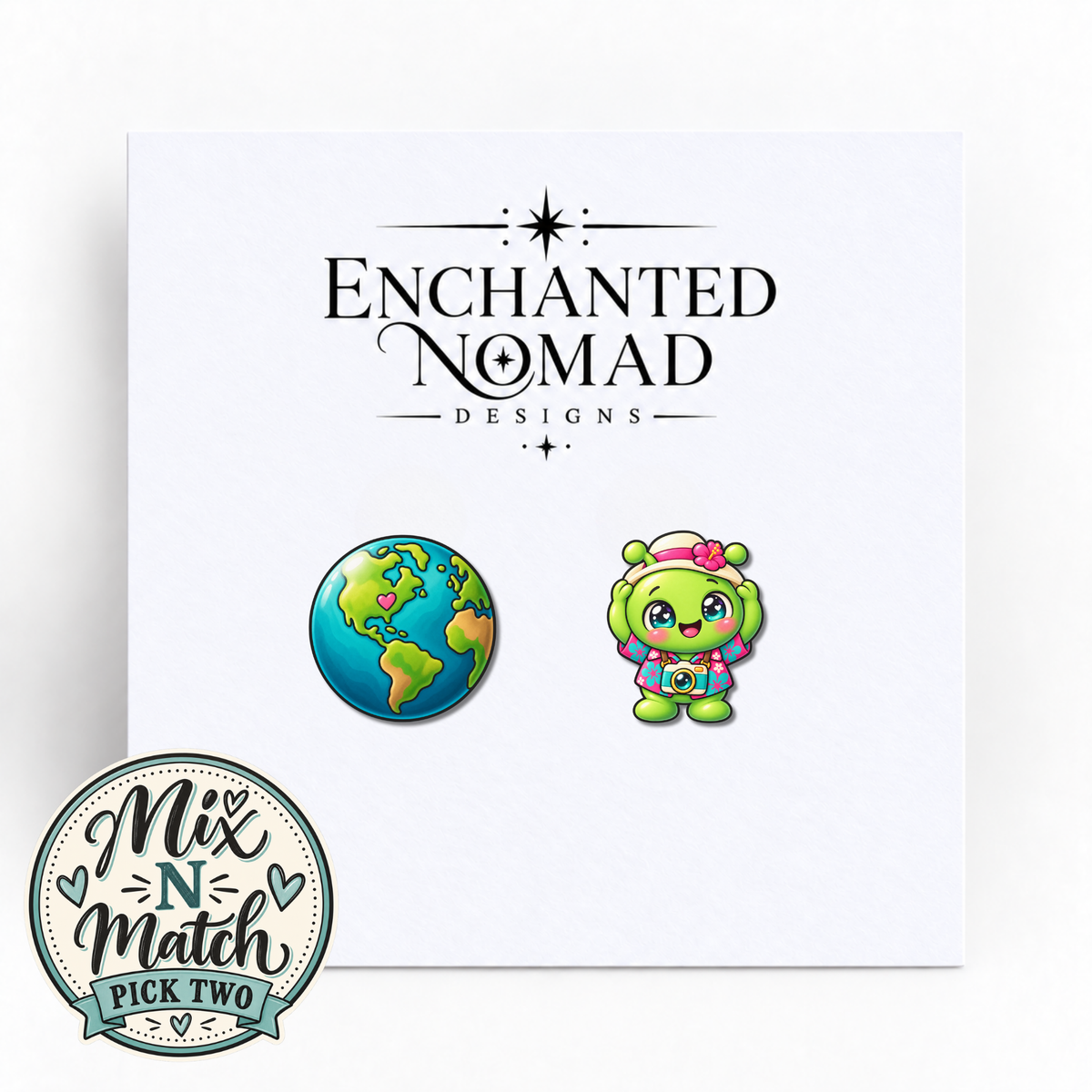 Earth and Tourist Alien graphic earrings