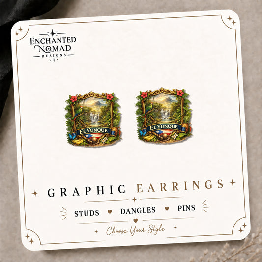 El Yunque Rainforest Earrings & Pins on the tilted Enchanted Nomad Designs card