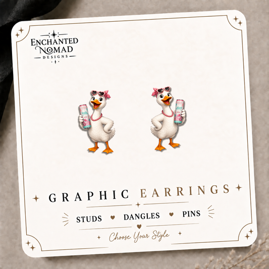 Energy Drink Goose Stud Earrings on the tilted Enchanted Nomad Designs card