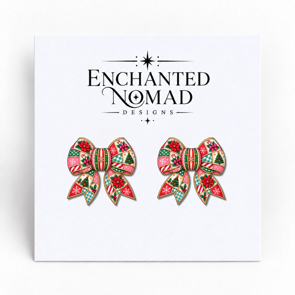 Festive Poinsettia and Tree Christmas Bow graphic earrings
