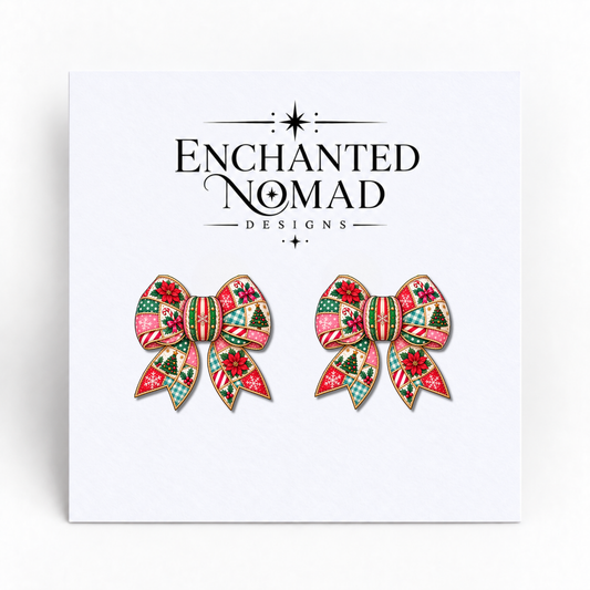 Festive Poinsettia and Tree Christmas Bow graphic earrings