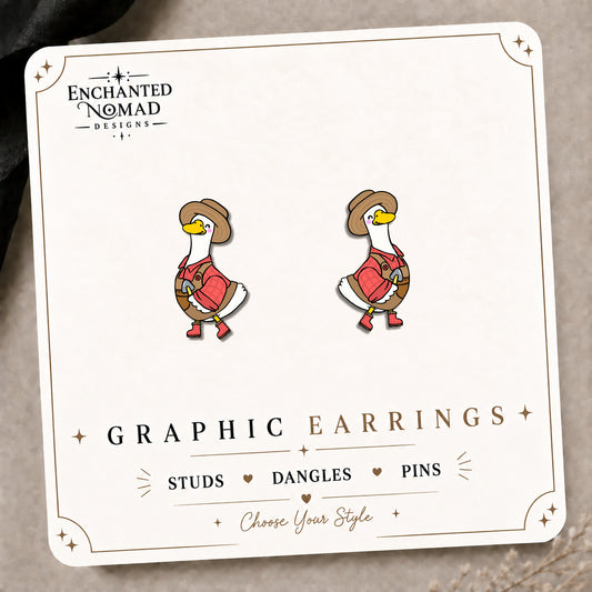 Garden Goose Stud Earrings on the tilted Enchanted Nomad Designs card