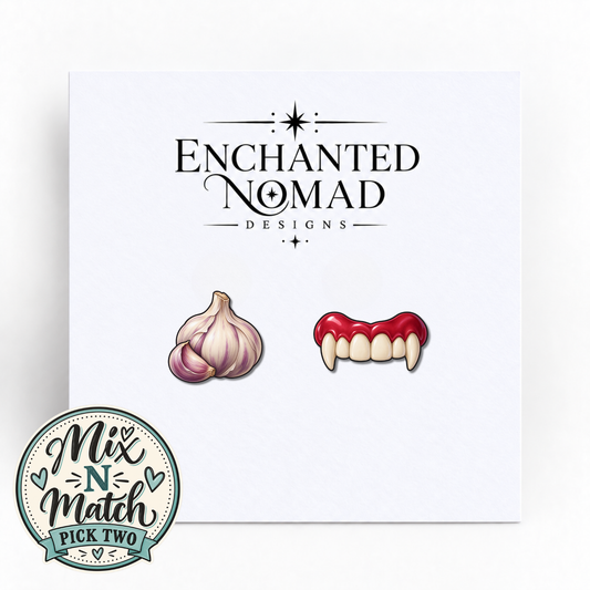 Garlic and Vampire Fangs graphic earrings