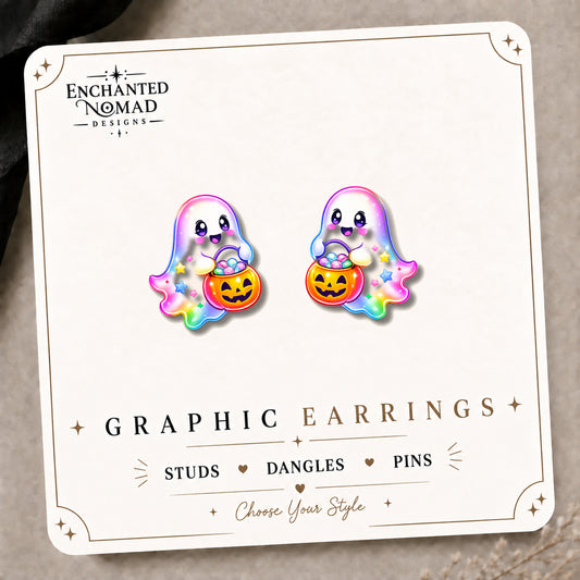 Ghost with Candy Bucket Stud Earrings on the tilted Enchanted Nomad Designs card