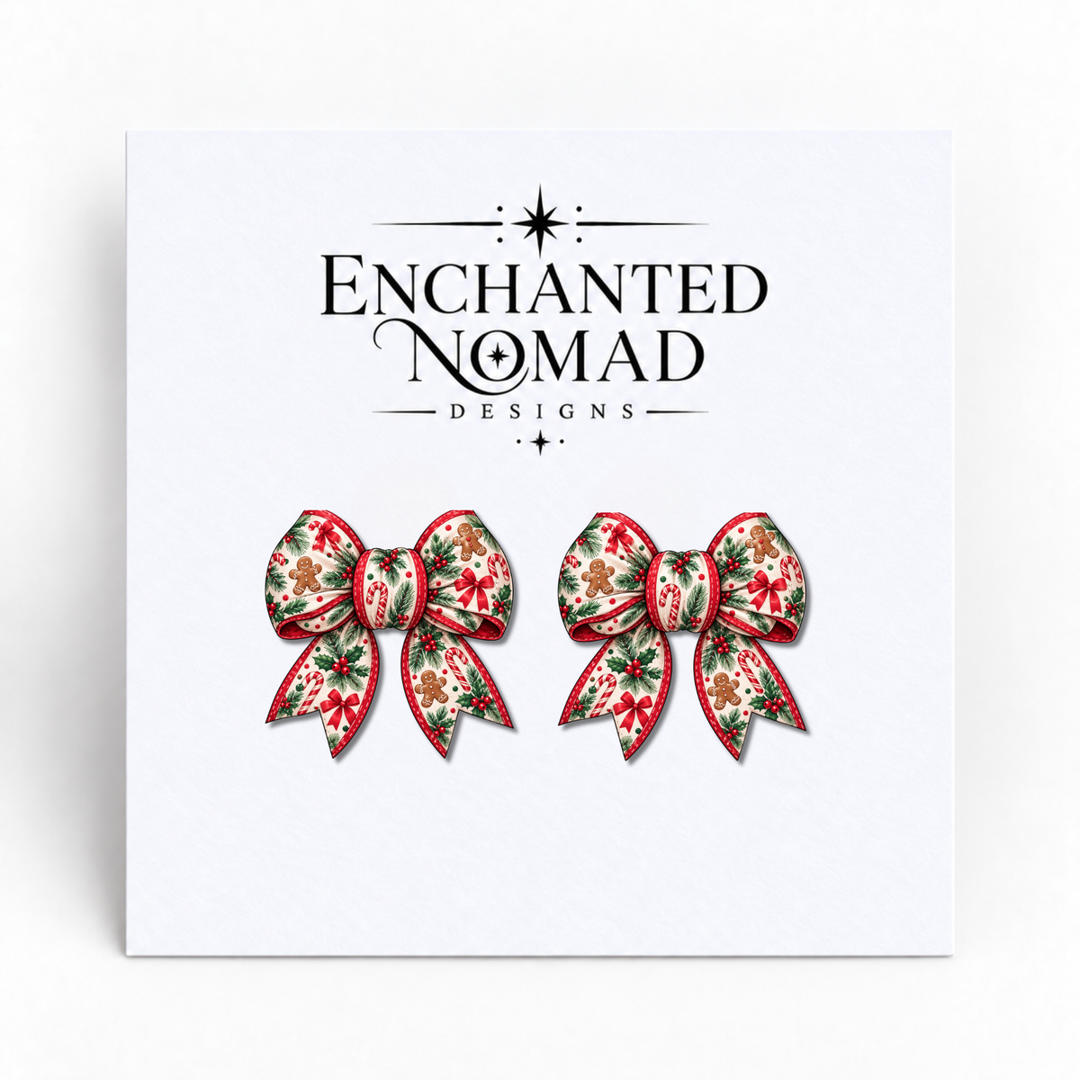 Gingerbread and Candy Cane Christmas Bow graphic earrings