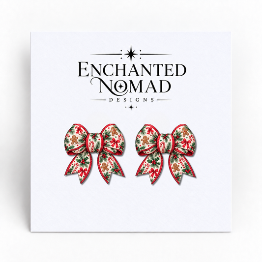 Gingerbread and Candy Cane Christmas Bow graphic earrings