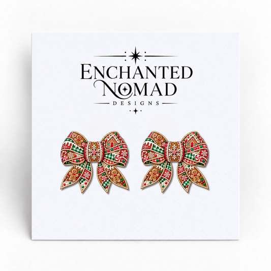 Gingerbread House Christmas Bow graphic earrings