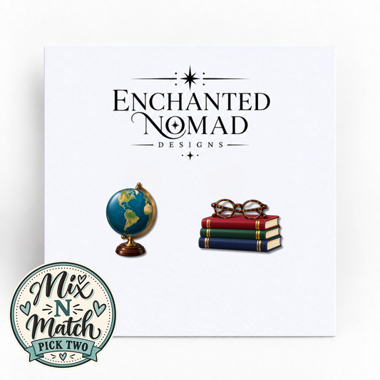Globe and Books graphic earrings