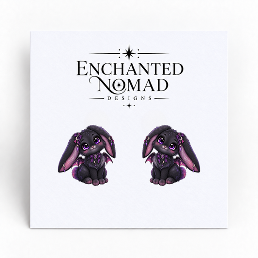 Gothic Bat Wing Bunny graphic earrings on display card