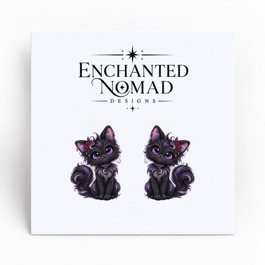 Gothic Black Cat graphic earrings on display card