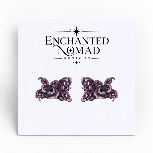 Gothic Moon Moth graphic earrings on display card