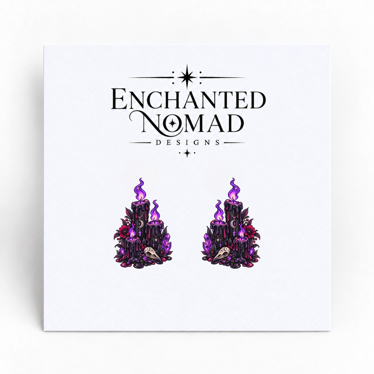 Gothic Purple Candles graphic earrings on display card