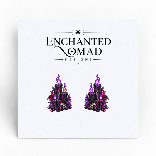 Gothic Purple Candles graphic earrings on display card