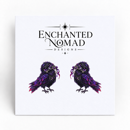 Gothic Raven and Key graphic earrings on display card