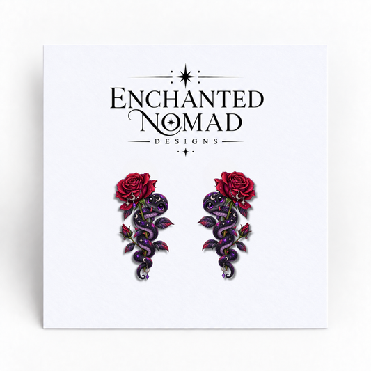 Gothic Snake and Red Rose graphic earrings on display card