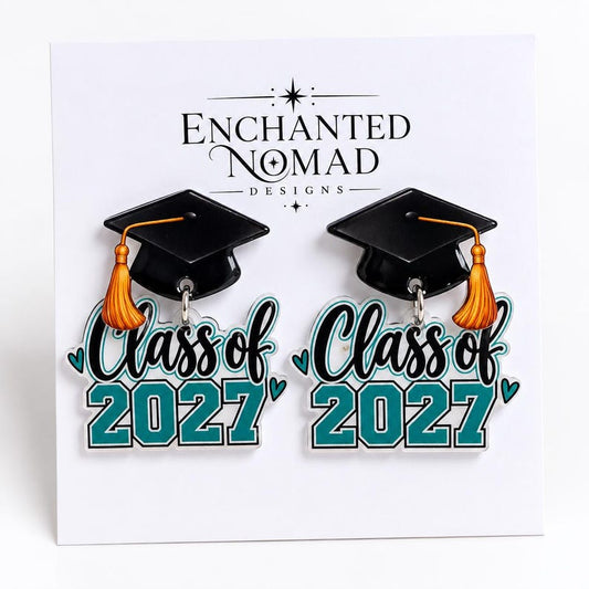Class of 2027 graduation cap dangle earrings