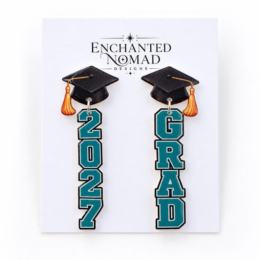 2027 and GRAD graduation cap earrings