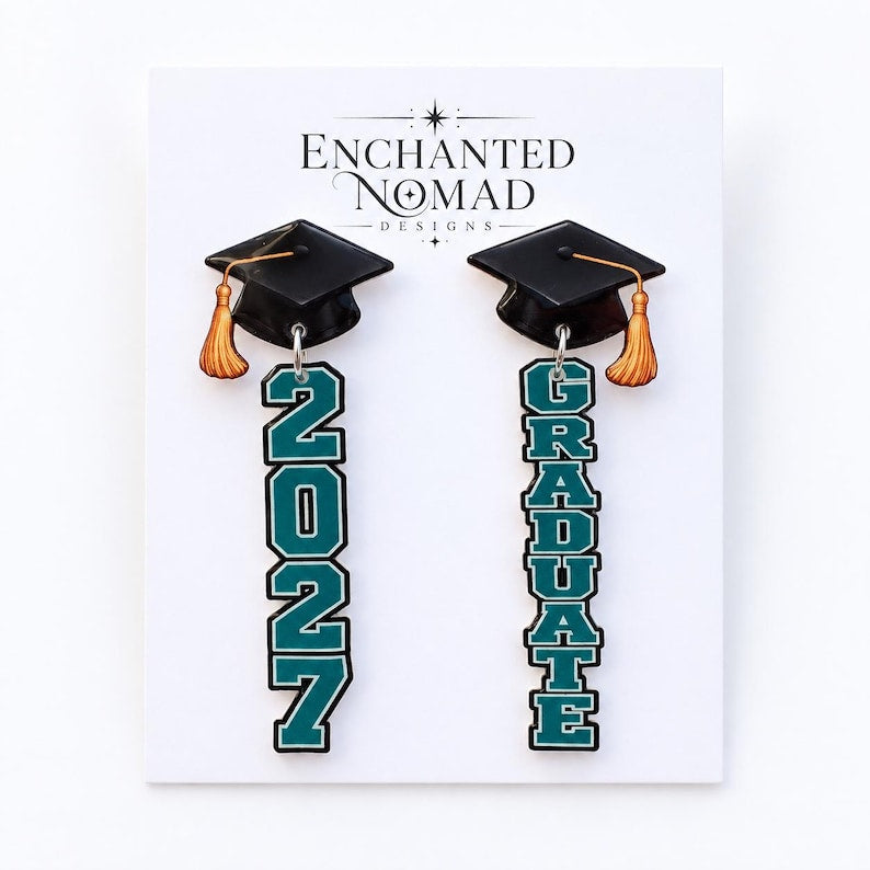 2027 and GRADUATE graduation cap earrings