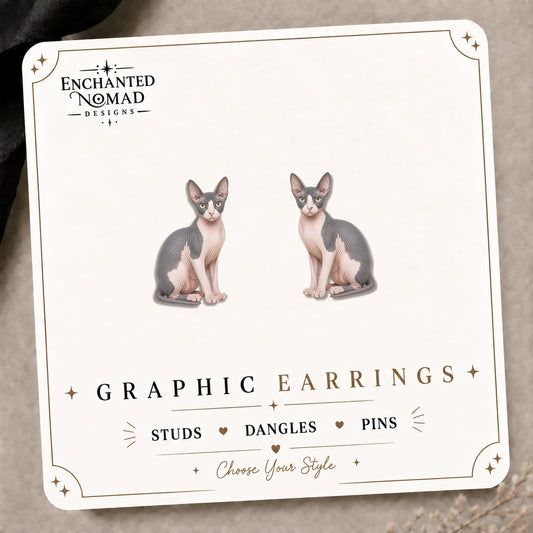 Gray White Sphynx Cat Stud Earrings on the tilted Enchanted Nomad Designs card