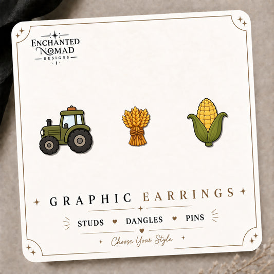 Green Tractor Stud Earrings on the tilted Enchanted Nomad Designs card