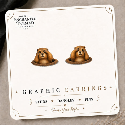 Groundhog Peeking Stud Earrings on the tilted Enchanted Nomad Designs card