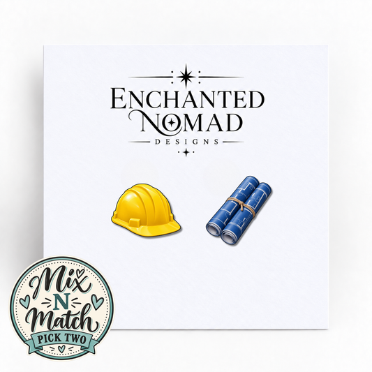 Hard Hat and Blueprints graphic earrings