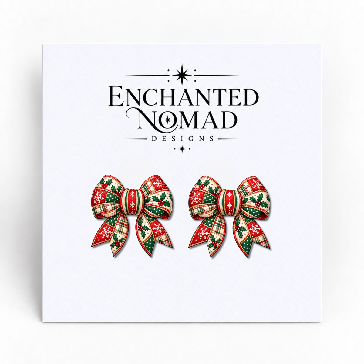 Holly and Tartan Christmas Bow graphic earrings