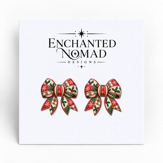 Holly and Tartan Christmas Bow graphic earrings
