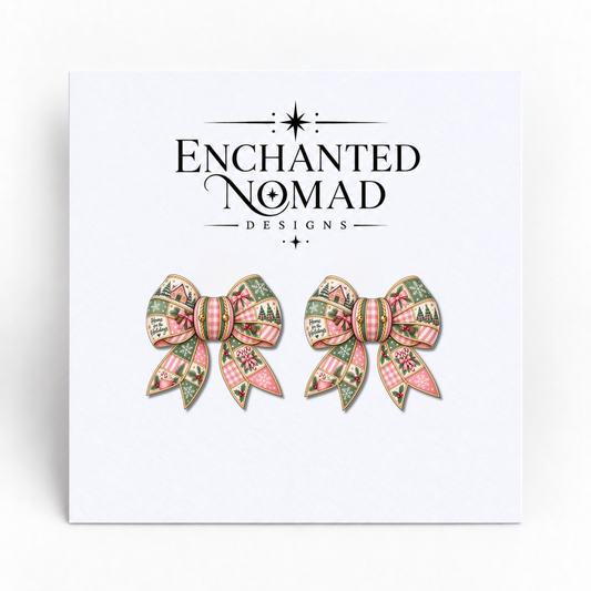 Home for the Holidays Pink Bow graphic earrings
