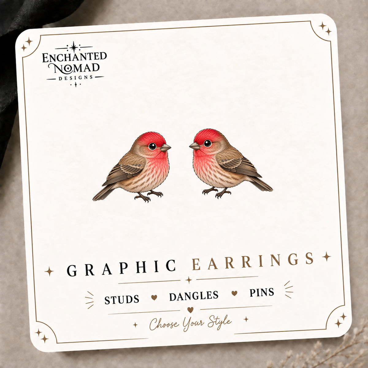 House Finch Stud Earrings on the tilted Enchanted Nomad Designs card