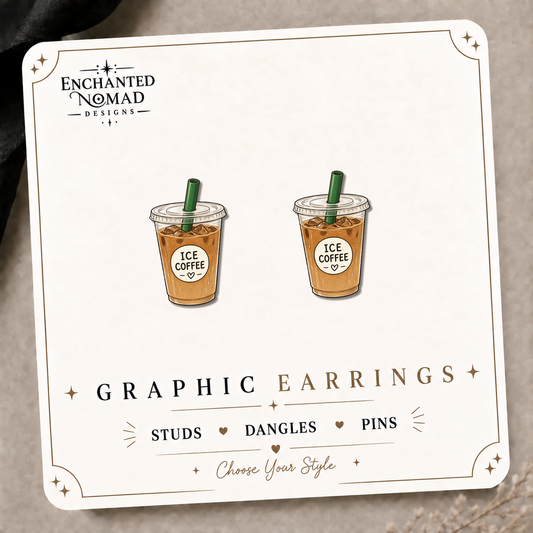 Iced Coffee Stud Earrings on the tilted Enchanted Nomad Designs card