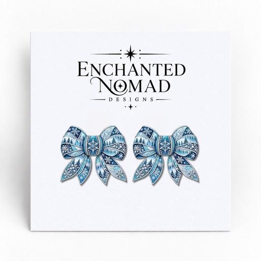 Icy Blue Snowflake Winter Bow graphic earrings
