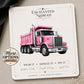 Pink Dump Truck Earrings & Pins on a branded display card