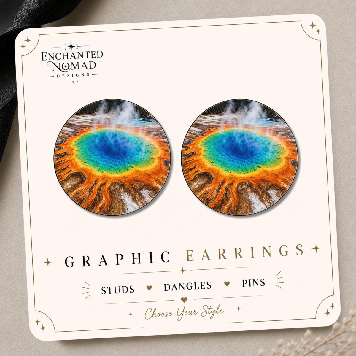 Grand Prismatic Spring Earrings & Pins on original display card