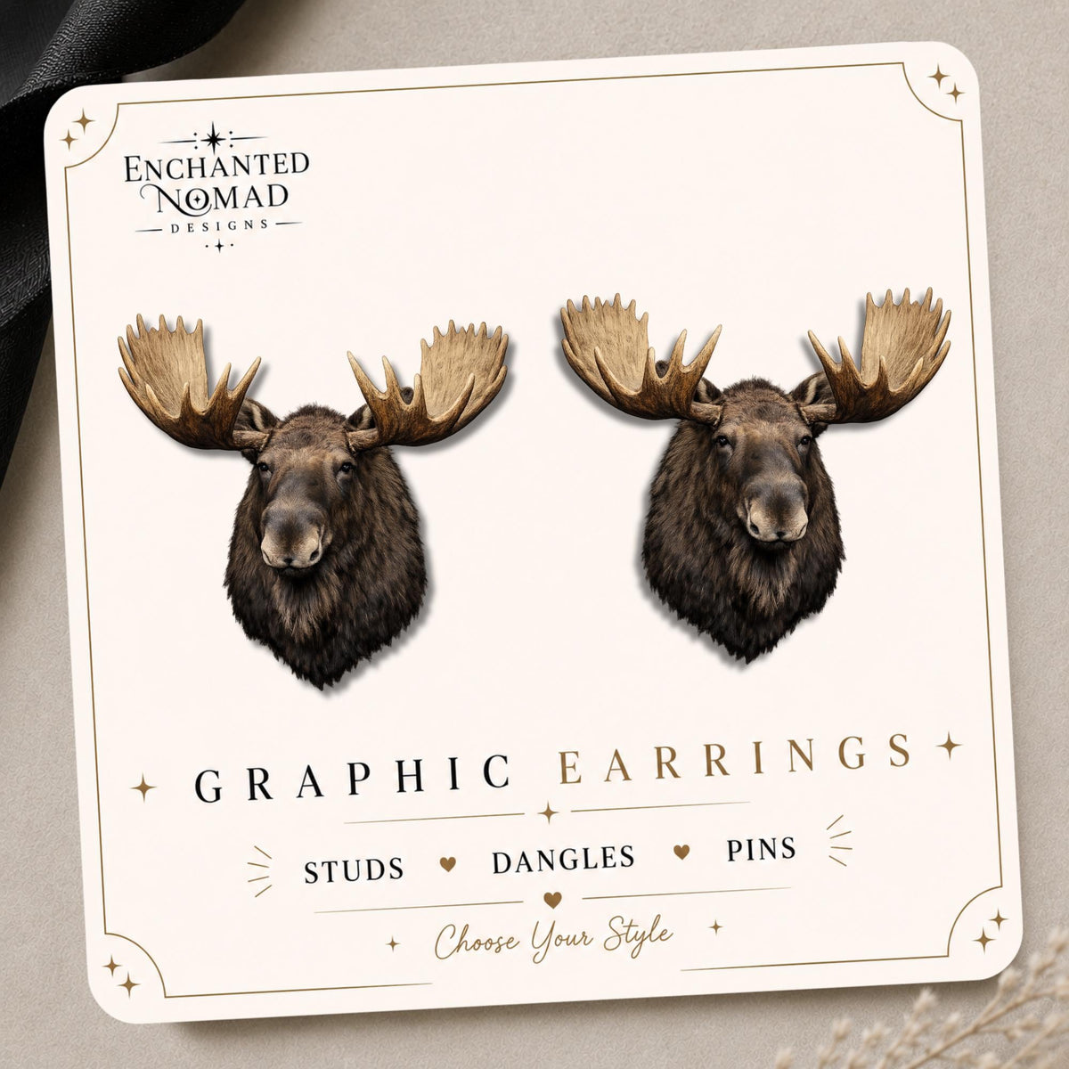 Moose Head Earrings & Pins on original display card