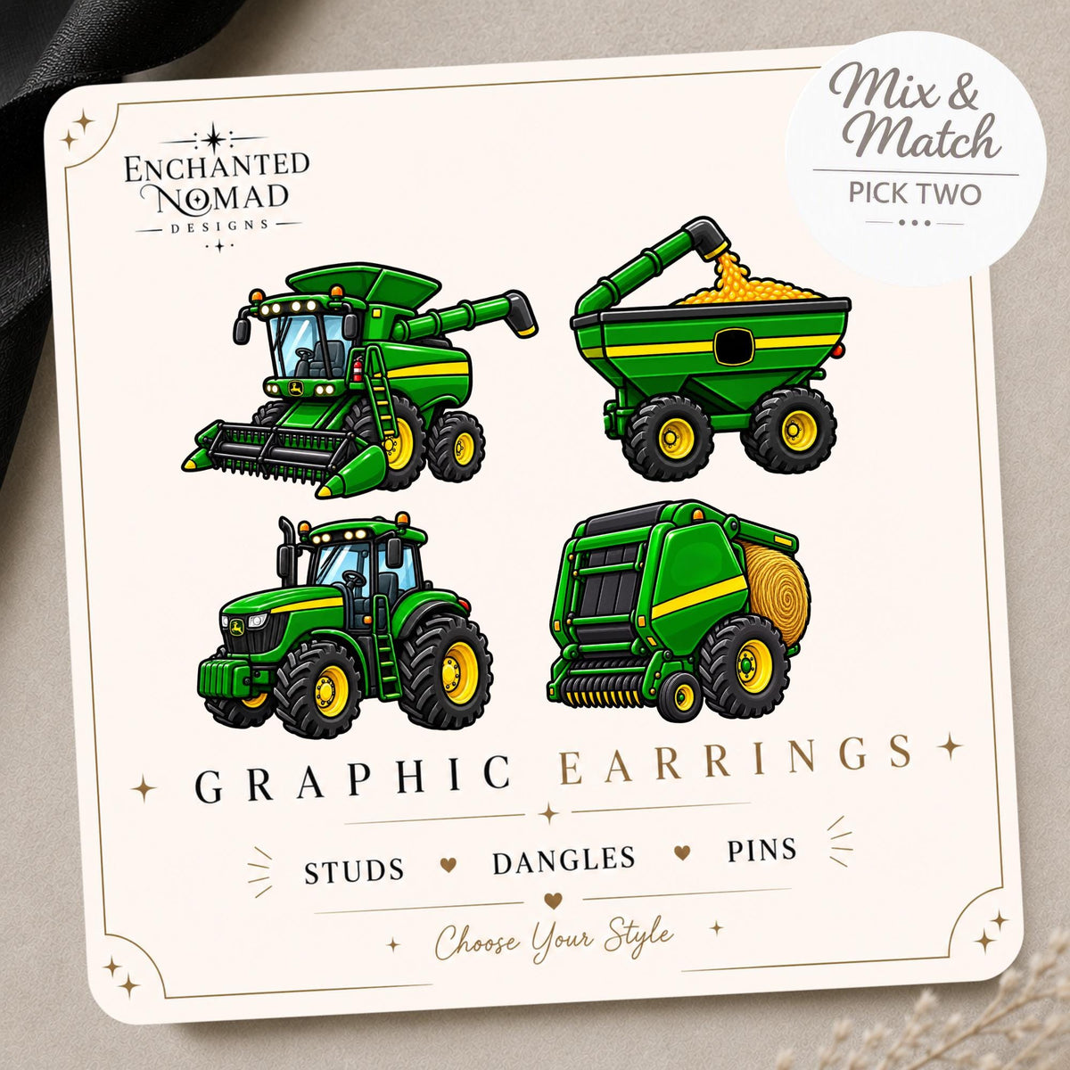 Farm Equipment Earrings & Pins on original display card
