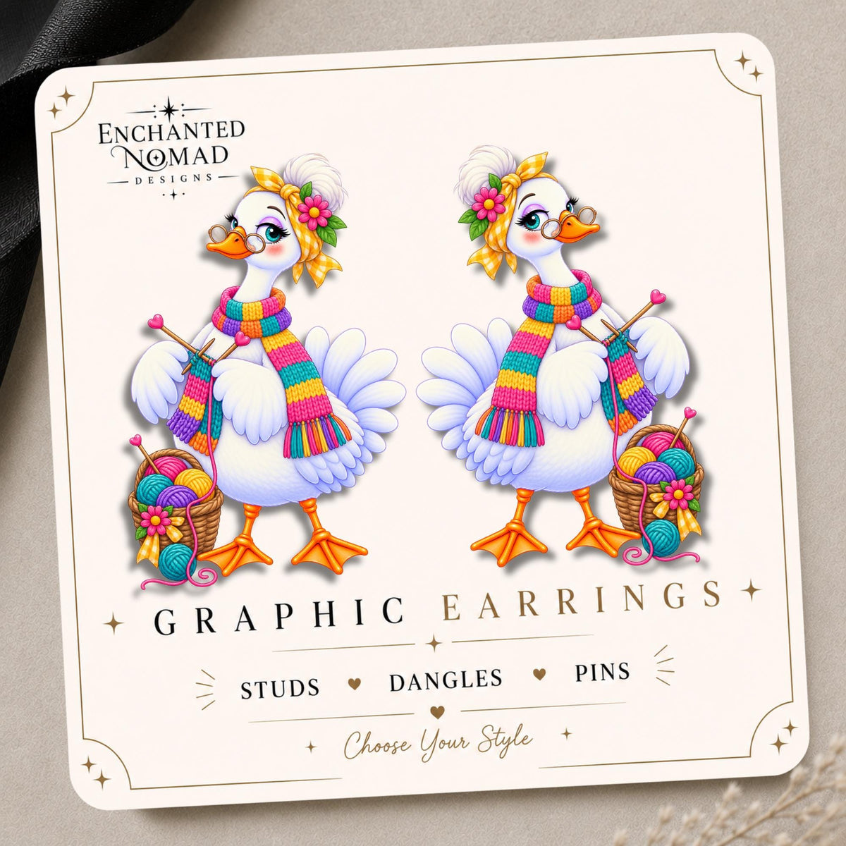Knitting Goose Earrings & Pins on original display card