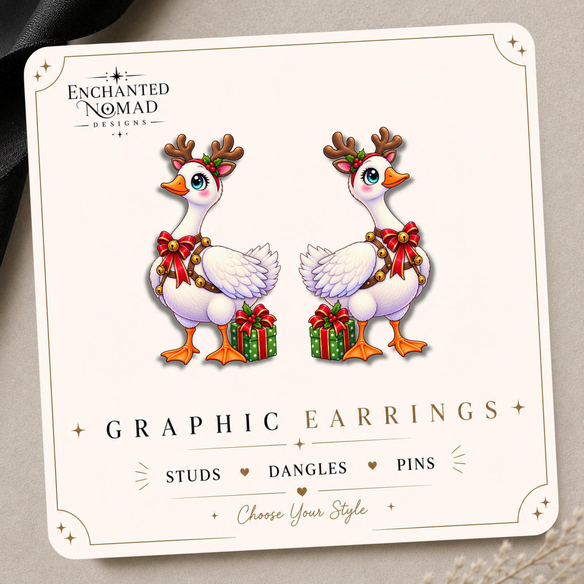 Reindeer Goose Earrings & Pins on original display card