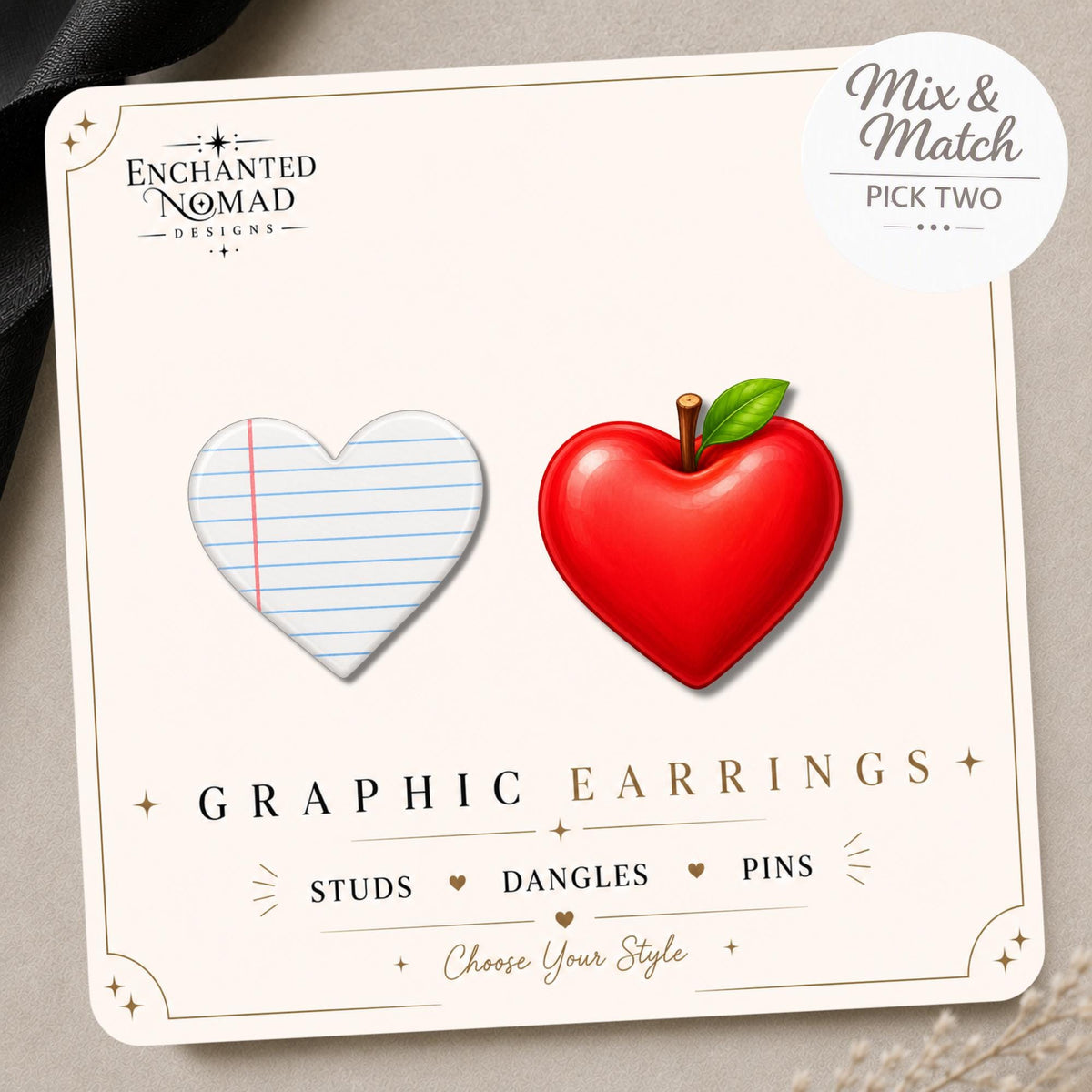 Apple & Notebook Paper Hearts Earrings on original display card