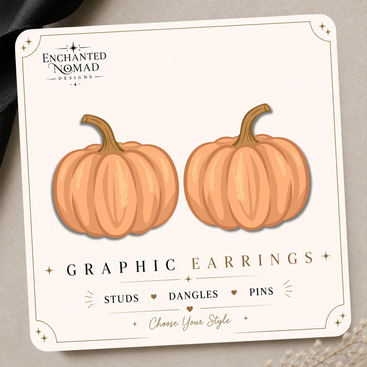 Orange Pumpkin Earrings & Pins on original display card