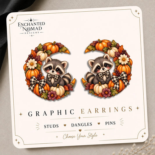 Raccoon in Autumn Wreath Earrings & Pins on original display card